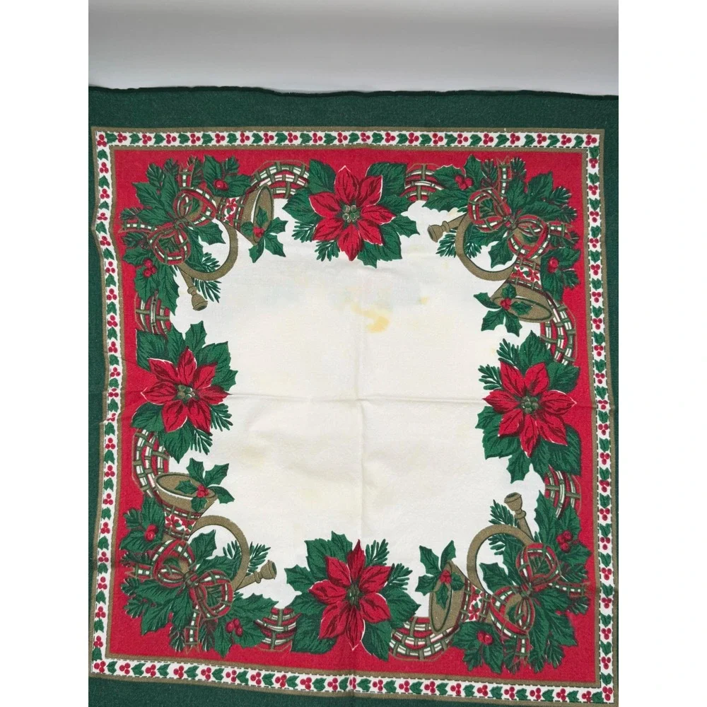 Vintage 90s Christmas‎ Tablecloth and 8 Napkins Set Poinsettia Bells Green Red